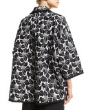 Floral-Print Open-Front Jacket, Black