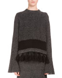 Long-Sleeve Fringe-Hem Sweater, Black/Combo