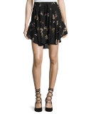 Ceri Floral Silk Drawstring Mini Skirt, Black/Multicolor