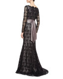 Long-Sleeve Lace Gown, Black