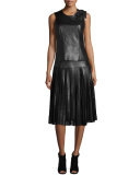Jolene Pleated Leather & Lace Midi Skirt, Black