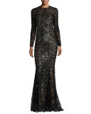 Long-Sleeve Illusion Leopard-Sequined Gown, Black