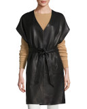 Short-Sleeve Leather Kimono Topper Jacket, Black