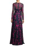 Long-Sleeve Embroidered Floral Lace Gown, Blue/Multicolor