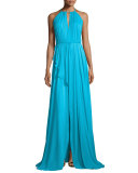 Sleeveless Shirred Silk Gown, Aqua