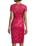 Short-Sleeve Sequined Lace Sheath Cocktail Dress