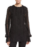 Striped Fil Coupé Jewel-Neck Blouse, Caviar