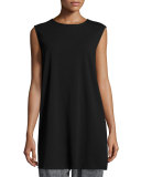 Cap-Sleeve Long Jersey Tunic, Black  