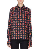 Long-Sleeve Fruit-Print Blouse, Navy/Multi