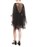 Silk Chiffon V-Neck Cape Dress, Black