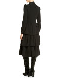 Long-Sleeve Tiered-Skirt Dress, Black