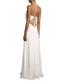 Sleeveless Ruched Strappy Chiffon Gown, White
