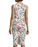 Jacki Sleeveless Embroidered Sheath Dress, White/Multicolor