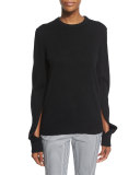 Slit-Sleeve Crewneck Cashmere Sweater, Black