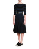 Pleated Two-Tone A-Line Skirt, Black/Blazer