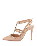 Rockstud Cabochon Leather 100mm Pump, Soft Noisette/Turquoise