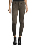 Knee-Seam Sueded Skinny Jeans, Olive