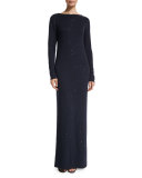 Long-Sleeve Paillette V-Back Dress, Navy