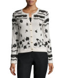 Beaded Crewneck Cropped Cardigan, Cream/Black