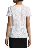 Short-Sleeve Snap-Front Peplum Blouse, White