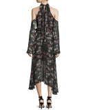 Floral-Print Silk Cold-Shoulder Midi Dress