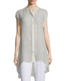 Sleeveless Button-Front Mesh Shirt