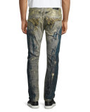 Splatter & Bleached Denim Jeans w/Studs, Blue