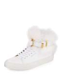 Women's 100mm Belted Fur High-Top Sneaker, White