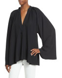 Shirred Silk-Blend Oversized Top, Black