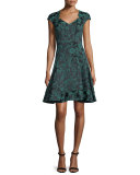 Floral-Print Cap-Sleeve Party Dress, Teal/Midnight