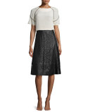 Laser-Cut Leather A-Line Skirt, Black