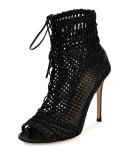 Open-Toe Napa Leather Macrame Bootie, Black