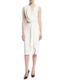 Sleeveless Draped-Front Sheath Dress, Chalk
