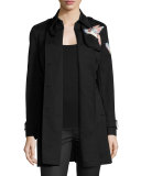 Double-Breasted Trench Coat w/ Embroidered Hummingbirds, Nero