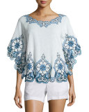 Ellis Half-Sleeve Embroidered Top, White