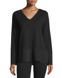 Long-Sleeve Knit V-Neck Top w/ Polished Tech Hem, Black