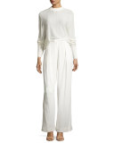 Pleated Wide-Leg Crepe Pants, Gesso