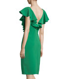 Flutter-Sleeve Crepe Sheath Dress, Emerald