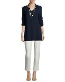 Long-Sleeve Textured V-Neck Tunic, Midnight