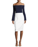 Selena Off-the-Shoulder Bell-Sleeve Knit Top, Navy