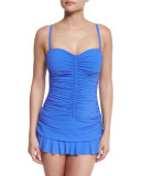 Waterfall Ruched Sweetheart Swimdress, Blue