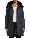 Hooded Belted Fur-Trim Parka, Navy