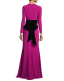 Long-Sleeve Crepe Tie-Back Gown, Pink Topaz