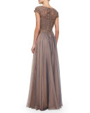 Cap-Sleeve Lace-Bodice Flowy Gown