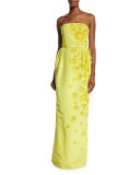 Belted Strapless Rosette Gown, Citron