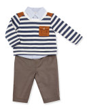 Striped Pullover Sweater, Long-Sleeve Cotton Shirt & Khaki Pants, Navy, Size 12-24 Months