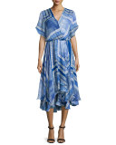 Dominica Short-Sleeve V-Neck Dress, Blue Pattern