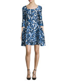 3/4-Sleeve Petal-Print Party Dress, Cobalt