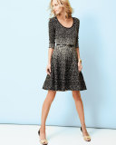 3/4-Sleeve Metallic Fit-and-Flare Dress