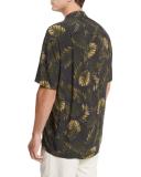 Leaf-Print Short-Sleeve Cabana Shirt, Navy